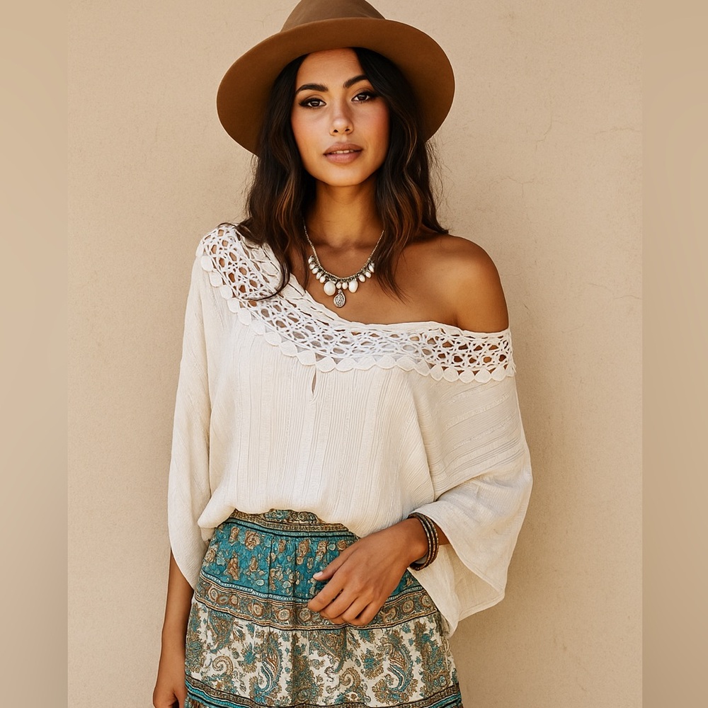 5th Culture Women’s Sheer Metallic Stripped Boho Crochet Relaxed White Blouse